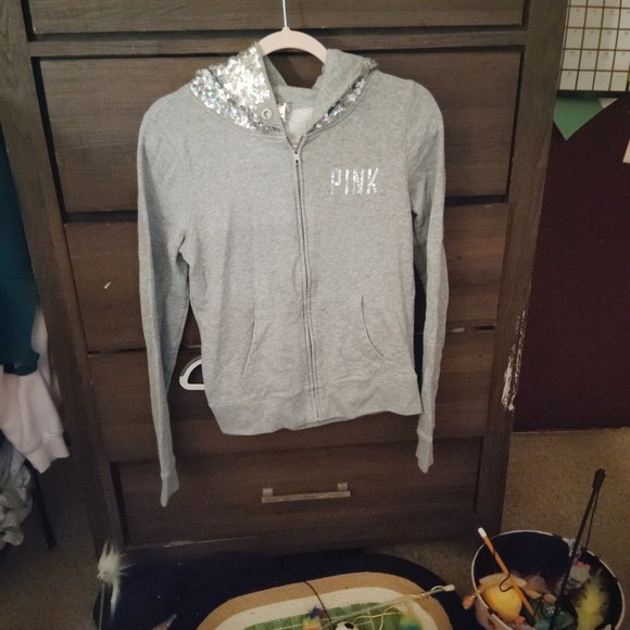 Victoria Secret PINK Gray Sequined Hooded Sweatshirt - RARE Y2K - Picture 4 of 15